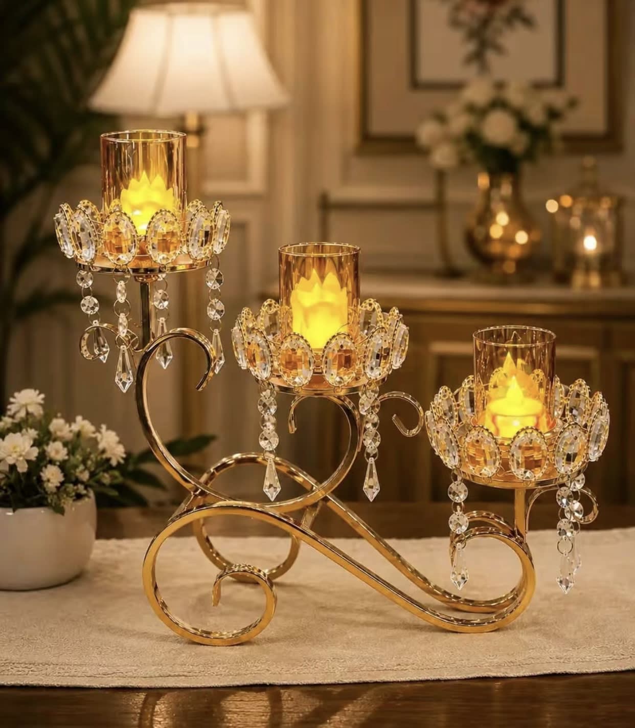 Golden Crystal 3-Arm Candelabra / Table Decor Candle Holder