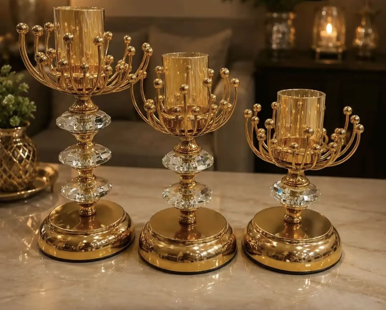 Luxurious Golden Crystal Pillar Candle Holder Set (3-Piece)