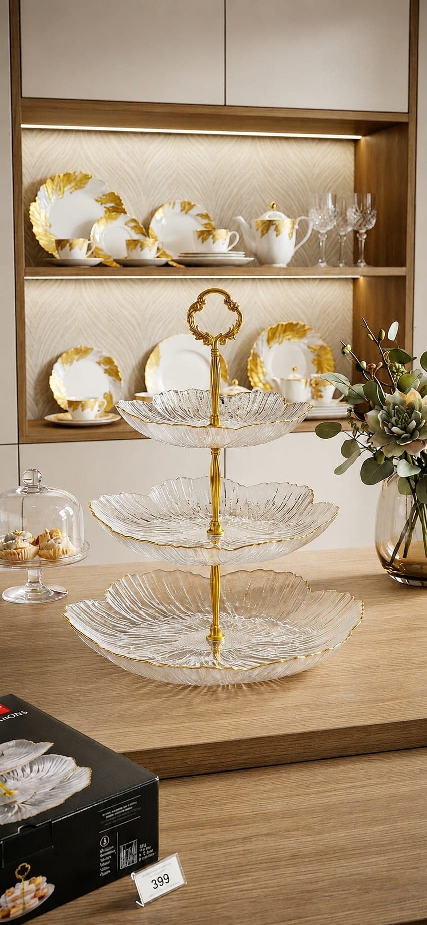 Elegant 3-Tier Glass Serving Stand with Gold Finish Accent