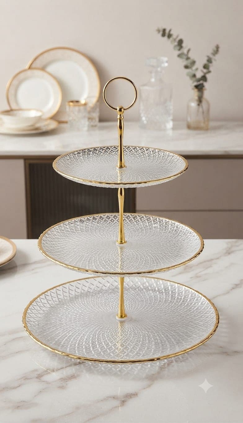 Golden Trim 3-Tier Glass Serving Stand