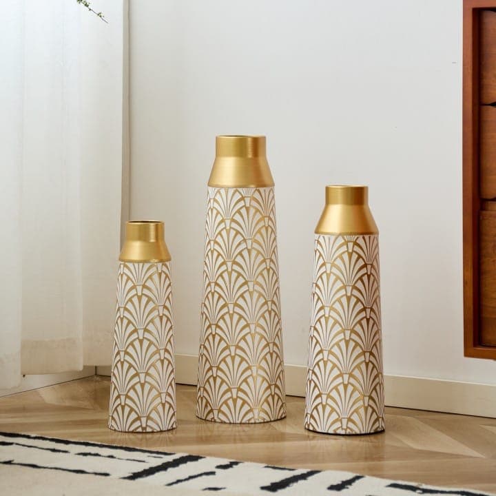 Luxury White & Gold Art Deco Floor Vase Set (3-Piece)