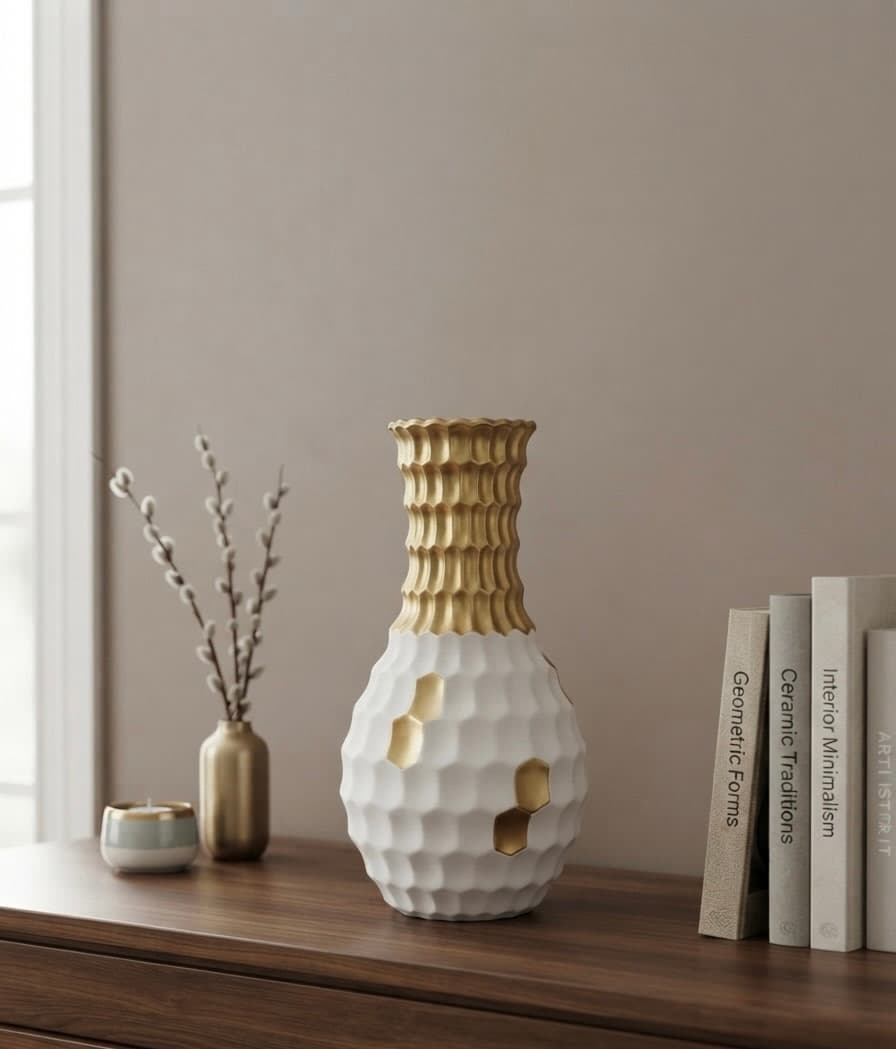 Royal Hexa Textured Ceramic Vase (Gold & White)
