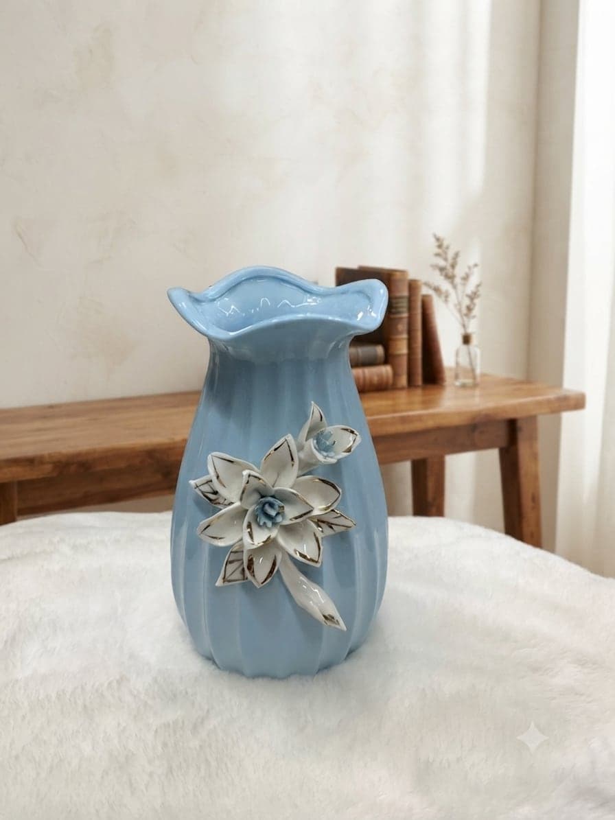 Elegant Blue Ceramic Flower Vase with 3D White Floral Design